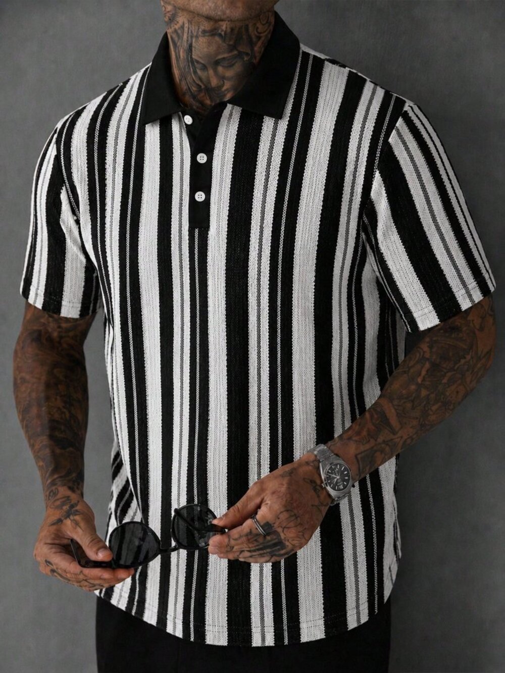 Black Casual Men's Geometric Striped Regular Fit Turn-Down Collar Polo Shirt